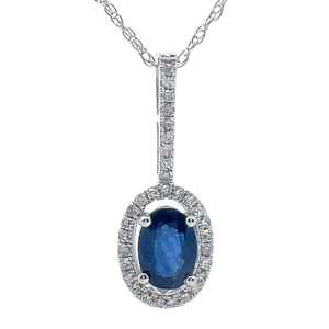 Oval Blue Sapphire & Natural Diamond Halo Drop Pendant & Chain Necklace in White Gold $1,499 Retail