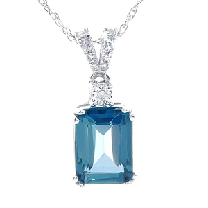 Blue Topaz & Natural Diamond Split Bail Pendant & Chain Necklace in White Gold