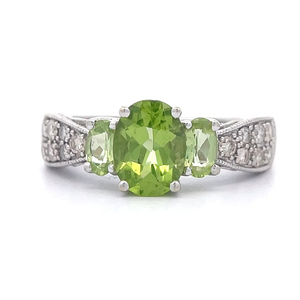 Oval Three-Stone Peridot & Natural Diamond Filigree Scroll Ring in 14k White Gold - Retail Value $1,900.00