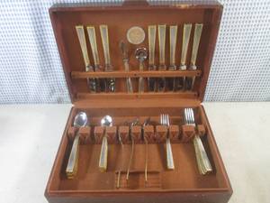 lot 4 image: (EW5) Silver and Gold Tone Silverware In Vintage Wood Nakens Box