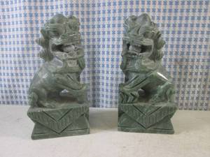 lot 13 image: (FS) Pair Vintage Carved Stone (Jade ) Foo Dog Figures 6 Tall