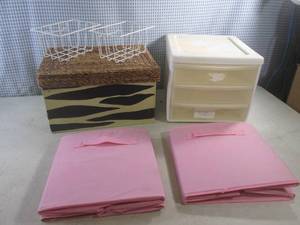 lot 70 image: (F-1) 3-Drawer Organizer, Decorative Storage Box, 2 Foldable Baskets and 2 Small Wire Baskets