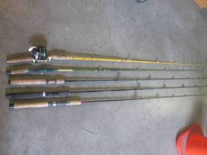 lot 103 image: (BSB) Fishing Rods Including Garcia Graphite Pro, Fenwick Eagle GT, Pflueger Trion IM-8 Graphite, Garcia Conolon 8228-A and Eagle Claw Wright & McGill Sweetheart No. M2RC-6 12 Pole with Johnson Sabra Model 130B Reel