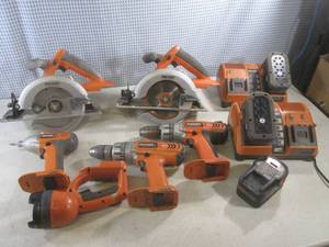 lot 121 image: (A-3) Lot of Rigid 18V Cordless Tools with 2 Chargers and 3 Batteries - NOTE All Tools Worked Except The Flashlight