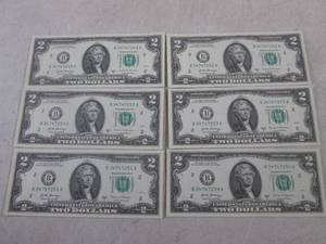 lot 155 image: (CNTR) 6 Uncirculated Sequential $2 Bills