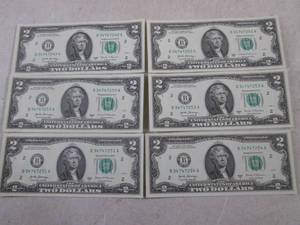 lot 157 image: (CNTR) 6 Uncirculated Sequential $2 Bills