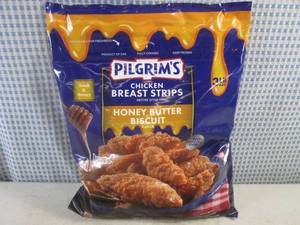 lot 218 image: (FRZ) 3 Pound Bag Frozen Chicken Breast Strips Fritter Style Honey Butter Biscuit Flavor Past Date