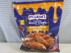 lot 219 image: (FRZ) 3 Pound Bag Frozen Chicken Breast Strips Fritter Style Honey Butter Biscuit Flavor Past Date