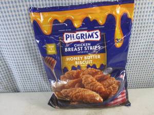 lot 221 image: (FRZ) 3 Pound Bag Frozen Chicken Breast Strips Fritter Style Honey Butter Biscuit Flavor Past Date