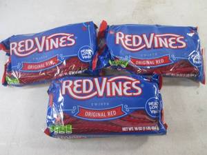 lot 281 image: (B-1) 3 Packages Red Vines Original Red Twists 16oz Past Date