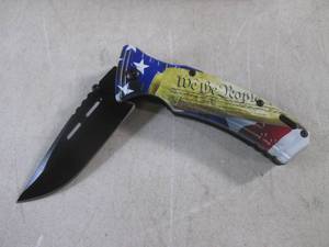 lot 312 image: (CNTR) We The People US Flag Design Spring Assist Folding Knife with Belt Clip - 8 18 Open  4 34 Closed