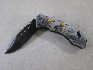 lot 314 image: (CNTR) Eagle Design Spring Assist Folding Knife with Belt Clip - 7 34 Open  4 58 Closed