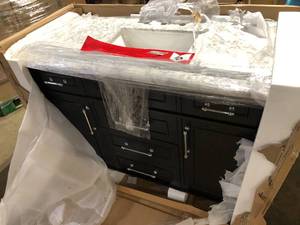 Home Decorators Collection Aberdeen 48 in. Single Sink Freestanding Black Bath Vanity with Carrara Marble Top (Assembled) Customer Returns See Pictures