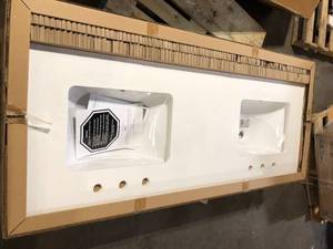 61 in. W x 22 in D Quartz White Rectangular Double Sink Vanity Top in Warm White by Home Decorators Collection Customer Returns See Pictures