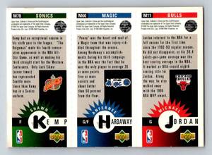 lot 19 image: Michael Jordan 1996 Upper Deck #M11 NBA MVP with Anfernee Hardaway #M60 and Shawn Kemp #M78 Basketball Card