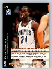 lot 48 image: Kevin Garnett RC 1995 Upper Deck #273 Rookie Minnesota Timberwolves Basketball Card