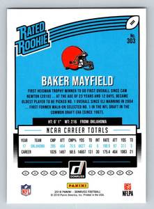 lot 53 image: Baker Mayfield RC 2018 Donruss Rated Rookie #303 Rookie Football Card