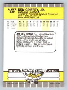 lot 61 image: Ken Griffey Jr. RC 1989 Fleer #548 Rookie Baseball Card