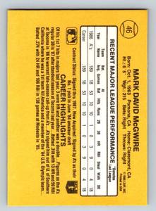 lot 81 image: Mark McGwire RC 1987 Donruss Rated Rookie #46 Baseball Card
