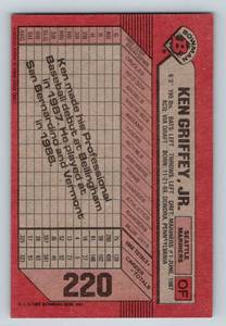 lot 92 image: Ken Griffey Jr. RC 1989 Bowman #220 Rookie Baseball Card