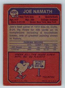 lot 17A image: Joe Namath 1973 Topps #400 Vintage Football Card