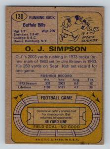 lot 100 image: OJ Simpson 1974 Topps #130 Vintage Football Card