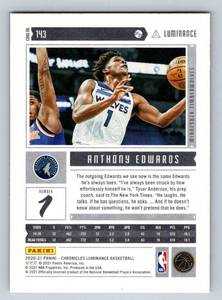 lot 129 image: Anthony Edwards RC 2020-21 Luminance #143 Rookie Minnesota Timberwolves Basketball Card