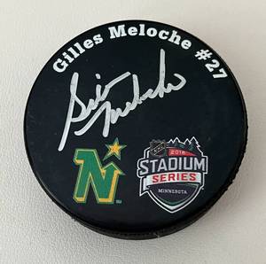 lot 174 image: Gilles Meloche Signed Minnesota North Stars Hockey Puck 2016 Stadium Series