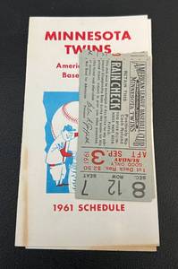lot 200 image: Minnesota Twins Baseball 1961 Schedule and Ticket Stubs, Vintage