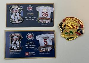 lot 201 image: Minnesota Twins Pin Sets - 1991 World Series Champions, 2017 and 2019 Hall of Fame - Andy Macphail, Michael Cuddyer, Jerry Bell, and Joe Nathan