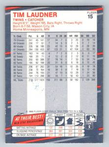 lot 58A image: Tim Laudner Auto 1988 Fleer #15, Signed Minnesota Twins Baseball Card