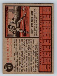 lot 161A image: 1962 Topps Billy Martin #208 Vintage Minnesota Twins Baseball Card