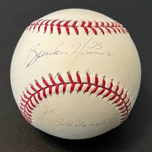 lot 216 image: Brendan Harris Signed Baseball OMLB Rawlings Selig HHH Metrodome Ball Minnesota Twins