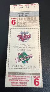 lot 234 image: 1991 World Series Game 6 Ticket - Minnesota Twins Baseball