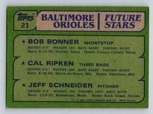 lot 11B image: Cal Ripken Jr. RC 1982 Topps #21 Baltimore Orioles Future Stars Vintage Rookie Baseball Card