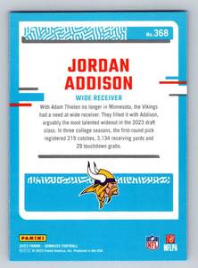 lot 41B image: Jordan Addison RC Blue Parallel 2023 Donruss Rated Rookie #368 Minnesota Vikings Football Card