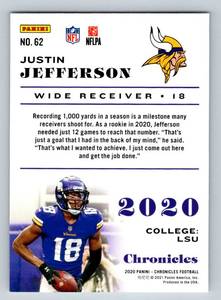 lot 42B image: Justin Jefferson 99 RC SP - 2020 Chronicles #62, numbered 1799, RARE Minnesota Vikings Rookie Football Card