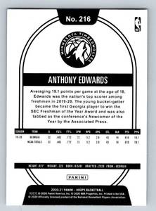 lot 69C image: Anthony Edwards Rookie Card - 2020 NBA Hoops Base #216 - Minnesota Timberwolves Basketball Card