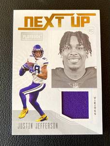 lot 7B image: Justin Jefferson RC Relic 2020 Playoff Playbook Next Up #NU-14 Minnesota Vikings Rookie Football Card