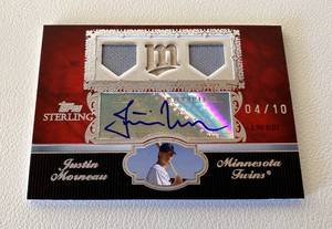 lot 9 image: Justin Morneau 10 Auto Tri-Relic - 2007 Topps Sterling #3SMA-30, numbered 0410, RARE Signed and Bat  Jersey Relics Minnesota Twins Baseball Card