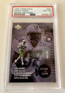 lot 14B image: Randy Moss RC PSA 8 NM-MT 1998 Upper Deck Define the Game Insert #DG7 Rookie Minnesota Vikings Football Card