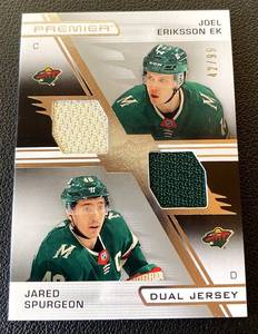 lot 27B image: Joel Eriksson Ek  Jared Spurgeon Dual Jersey Relic 99, 2021-22 Upper Deck Premier #PD-SE, numbered 4299, Rare only 99 Made Minnesota Wild Hockey Card