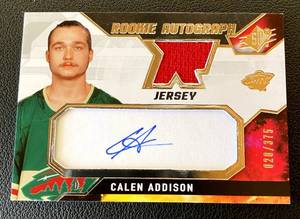 lot 29B image: Calen Addison Rookie Autograph 375 2021-22 Upper Deck SPx Jersey Relic #CA, numbered 028375, Minnesota Wild Rookie Hockey Card