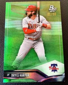lot 32B image: Bryce Harper Green Foil SP 99, 2021 Bowman #84, numbered 6199 Rare Baseball Card