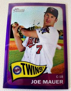 lot 45A image: Joe Mauer 2014 Topps Heritage Chrome Purple Refractor #THC-464 Minnesota Twins Baseball Card