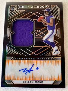 lot 49B image: Kellen Mond Auto Relic 75 2021 Obsidian #206, numbered 5675, Rare Minnesota Vikings Football Card