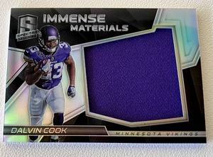 lot 55A image: Dalvin Cook RC Relic 199 2017 Spectra Immense Materials Jumbo Patch #5, numbered 186199, Rare Rookie Minnesota Vikings Football Card