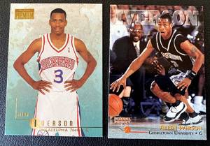 lot 76 image: Allen Iverson 2 RC Lot 1996 Skybox Premium #85 and Score Board #1 Rookie Basketball Cards