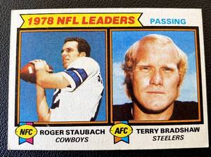 lot 84 image: Terry Bradshaw  Roger Staubach 1979 Topps #1 NFL Passing Leaders Vintage Football Card