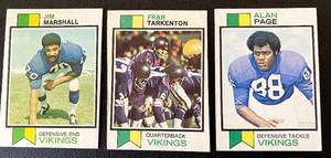 lot 101 image: Minnesota Vikings 1973 Topps 3 Card Lot - Fran Tarkenton, Alan Page, Jim Marshall Vintage Football Cards